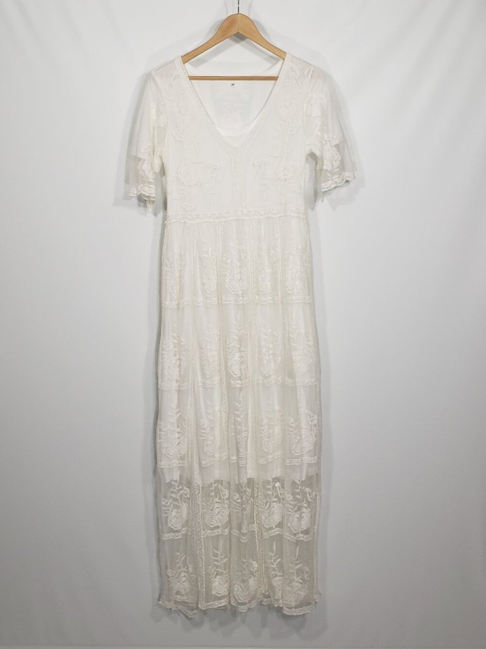 White Floral Lace Overlay Long Maxi Dress Small Boho Cottagecore Wedding Fairy